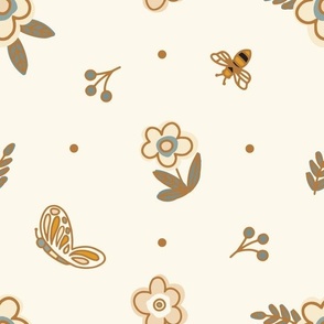 12" Large Scale -Vesper's Flowers- Sweet Flowers, Butterflies & Bees Scattered in blue, tan, white & rust  on a Cream  background. Additional sizes available & coordinates available. 