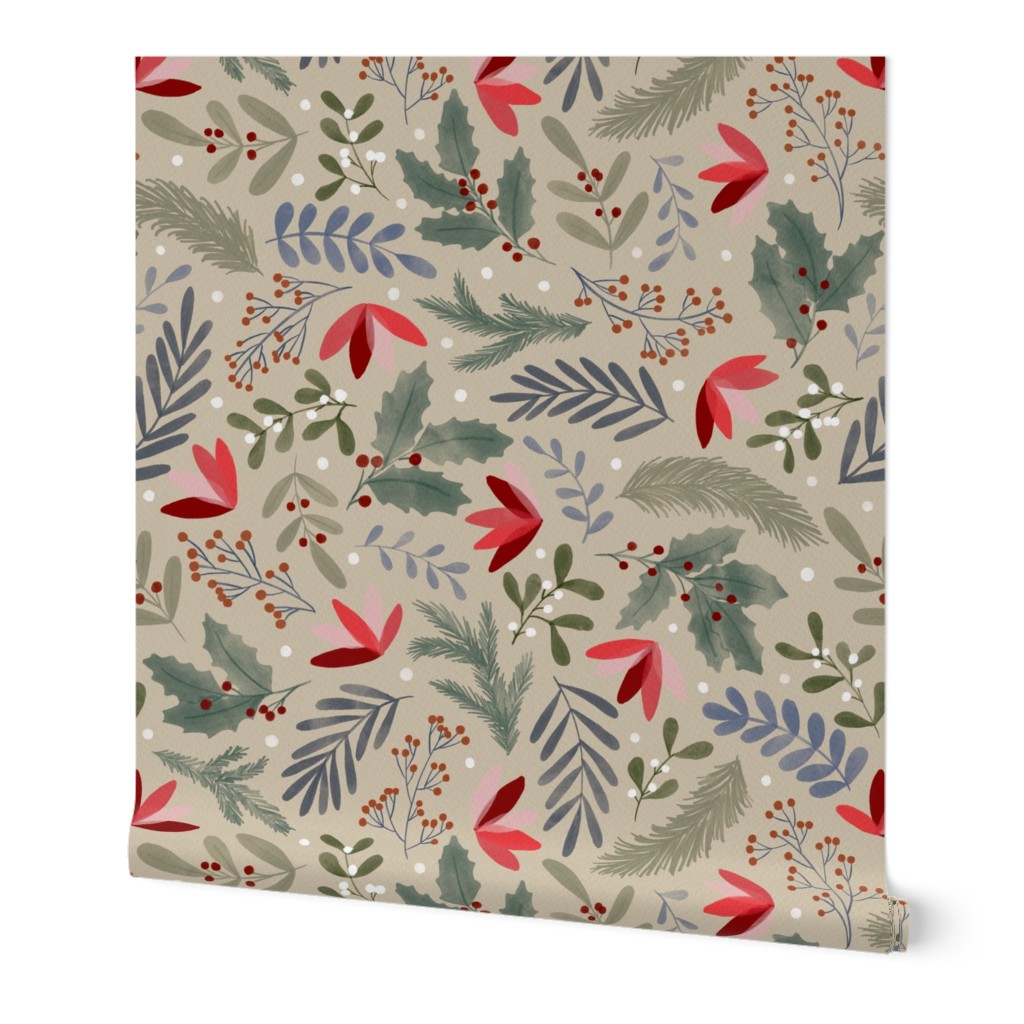 Watercolor painted winter holiday Christmas repeat pattern design featuring winter plants such as poinsettia, red winterberries, mistletoe, green pine tree branches, blue leaves and white dots on cozy bone / sand / beige background, MEDIUM SIZE