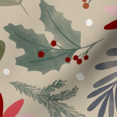 Watercolor painted winter holiday Christmas repeat pattern design featuring winter plants such as poinsettia, red winterberries, mistletoe, green pine tree branches, blue leaves and white dots on cozy bone / sand / beige background, MEDIUM SIZE