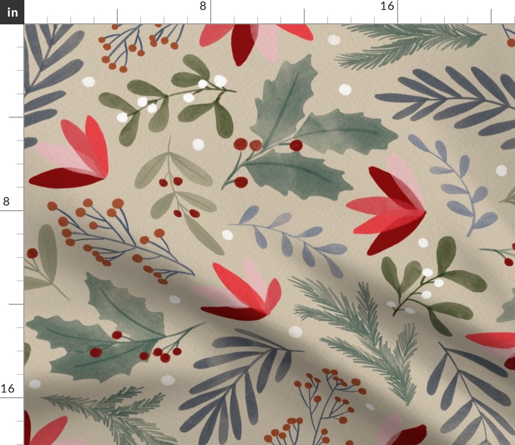 Watercolor painted winter holiday Christmas repeat pattern design featuring winter plants such as poinsettia, red winterberries, mistletoe, green pine tree branches, blue leaves and white dots on cozy bone / sand / beige background, MEDIUM SIZE