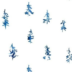 medium - Hieroglyph style airy watercolor pine trees - blue on white