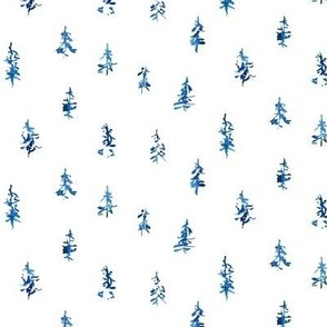 small - Hieroglyph style airy watercolor pine trees - blue on white