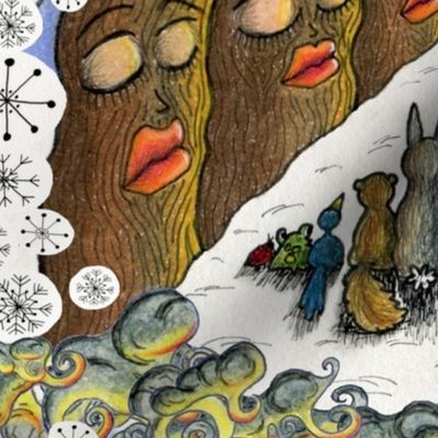 apricity:  worship to the sun goddess in winter, jumbo large scale, red orange yellow brown blue white black gray grey colorful quirky snow tree whimsical spiritual cabin-core maximalism