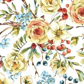 Watercolor roses and wildflowers on white