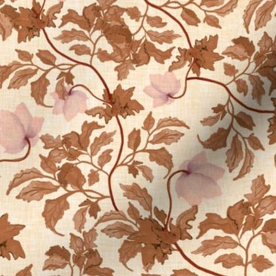Small scale earth tone watercolor leaves and pink blossoms on a cream background