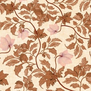 Small scale earth tone watercolor leaves and pink blossoms on a cream background
