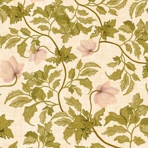 Small scale green watercolor leaves and pink blossoms on a cream background