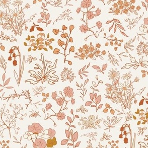 A sweet and nostalgic pattern of small wildflowers in warm neutral earth tones