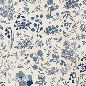 A sweet and nostalgic pattern of small wildflowers in indigo and light blue