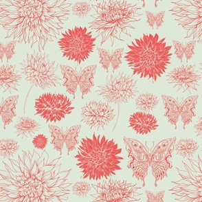 Botanica dahlia and butterflies coral and sage Fabric