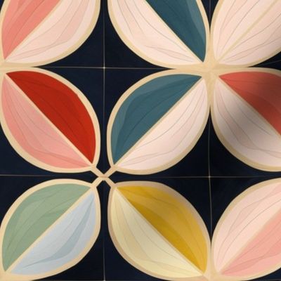 art nouveau geometric flowers petals in pink gold blue and green inspired by hilma af klint