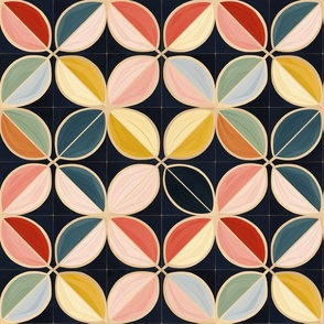 art nouveau geometric flowers petals in pink gold blue and green inspired by hilma af klint