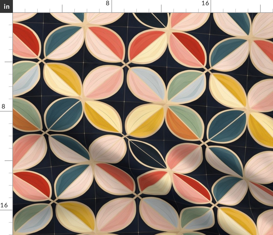 art nouveau geometric flowers petals in pink gold blue and green inspired by hilma af klint