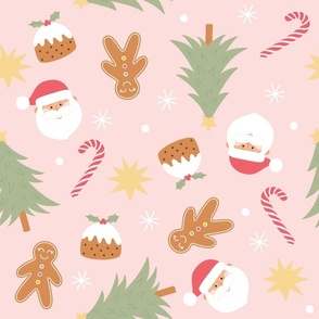 Christmas Tree, Gingerbread, Pudding, Candy Cane Scatter on Pink