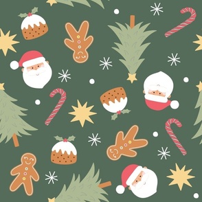 Christmas Tree, Gingerbread, Pudding, Candy Cane Scatter on Dark Green