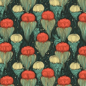 jellyfish in teal green and red