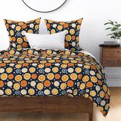 hilma af klint inspired gold orange and blue black art nouveau citrus fruit