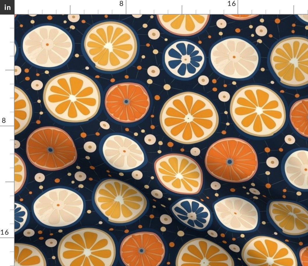 hilma af klint inspired gold orange and blue black art nouveau citrus fruit