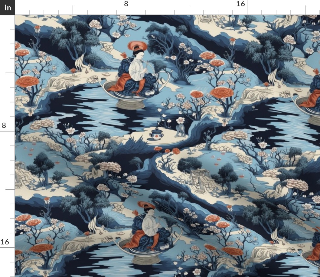 japanese floral mountain side landscape inspired by hokusai