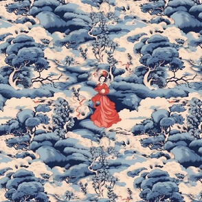 japanese mountain goddess in red inspired by hokusai