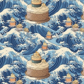 hokusai inspired birthday cake and cupcakes on the ocean waves