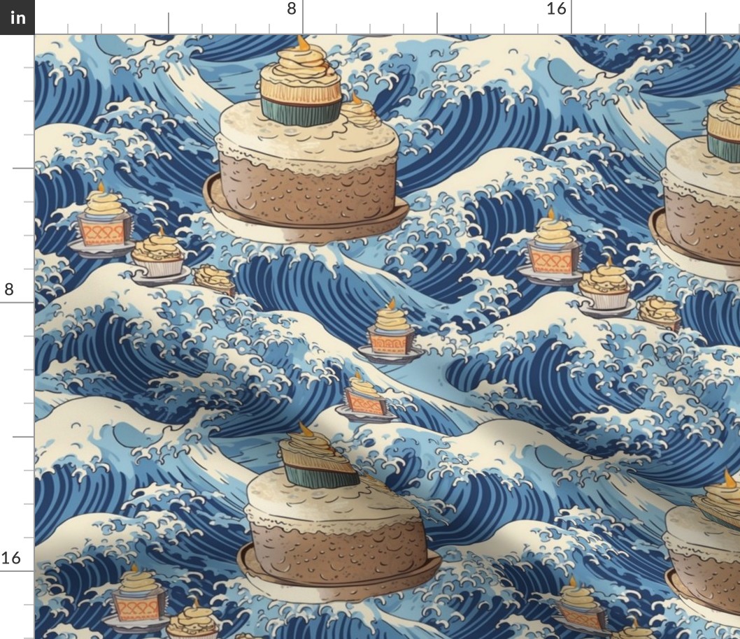 hokusai inspired birthday cake and cupcakes on the ocean waves