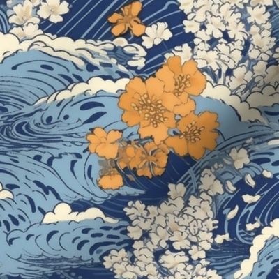 japanese birthday cake and flowers on the ocean waves inspired by hokusai