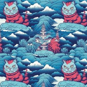 red and blue mountain forest wonderland cheshire cat inspired by hokusai