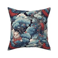 hokusai inspired wonderland forest cheshire cat in red and blue