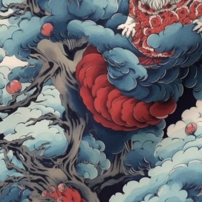 hokusai inspired wonderland forest cheshire cat in red and blue