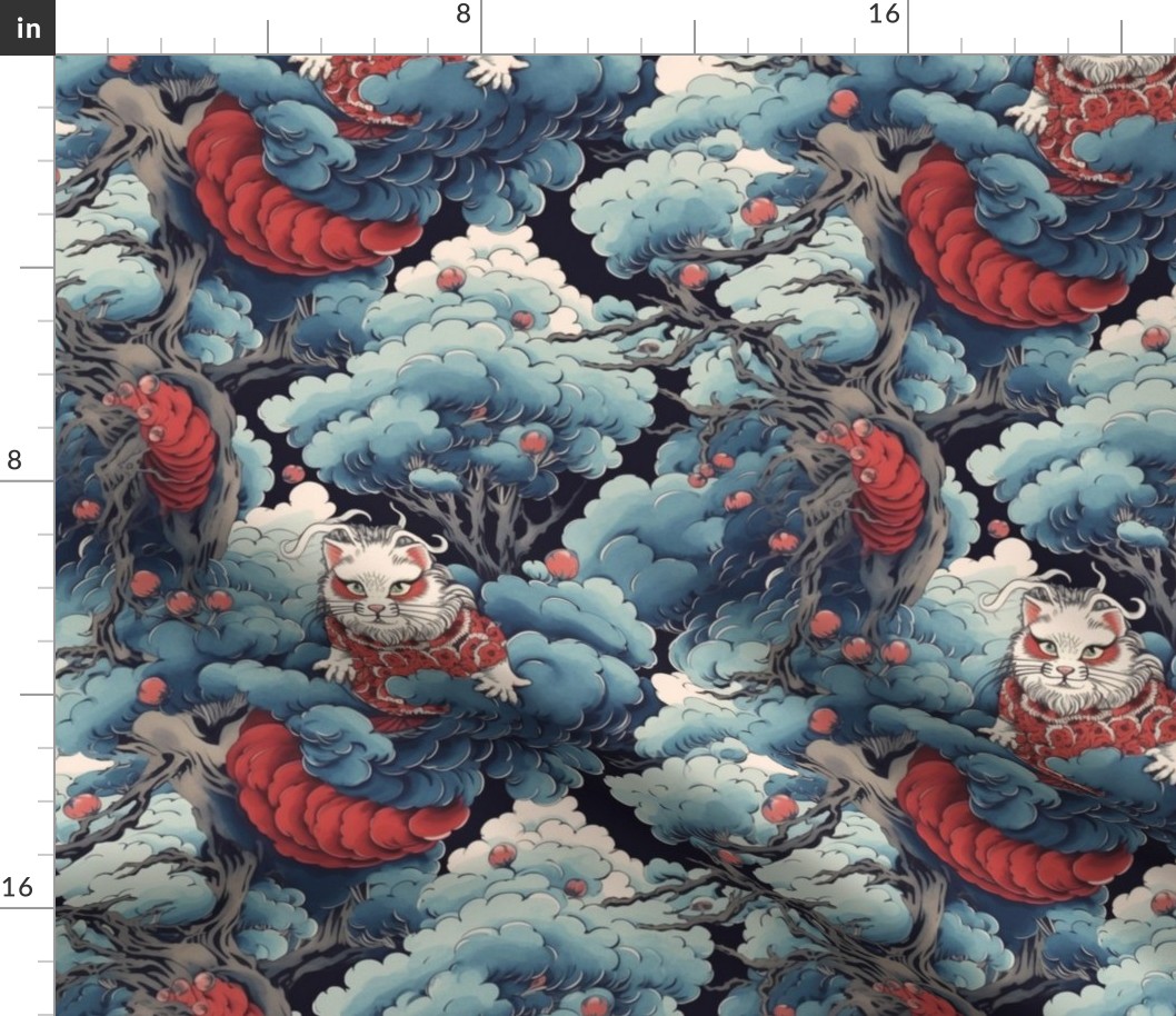 hokusai inspired wonderland forest cheshire cat in red and blue