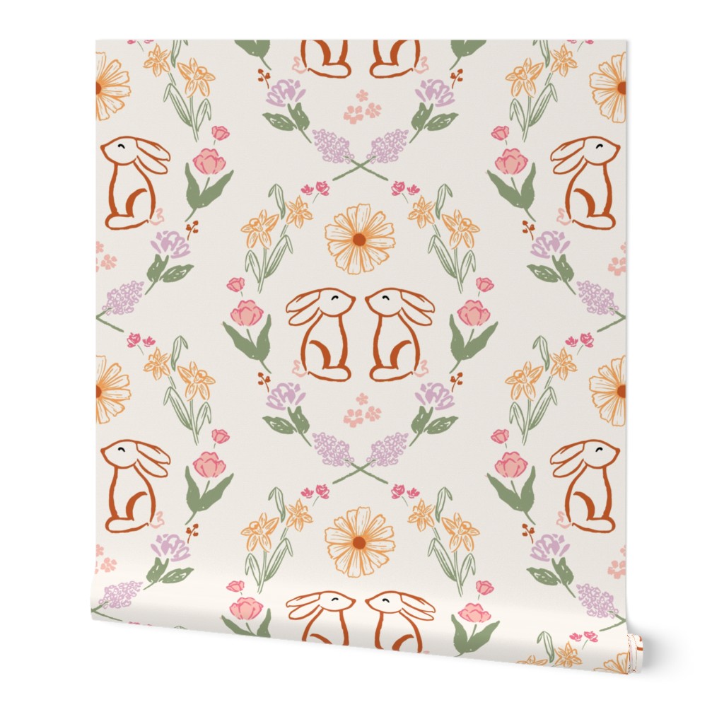 Sketched easter bunnies in a meadow of spring florals / large/ cream beige
