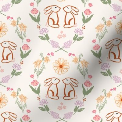 Sketched easter bunnies in a meadow of spring florals / large/ cream beige