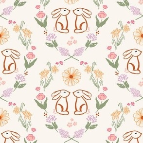 Sketched easter bunnies in a meadow of spring florals / large/ cream beige