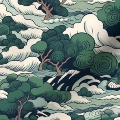 japanese green forest mountain landscape inspired by hokusai