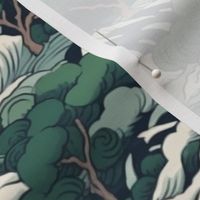 japanese green forest mountain landscape inspired by hokusai