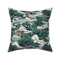 japanese green forest mountain landscape inspired by hokusai