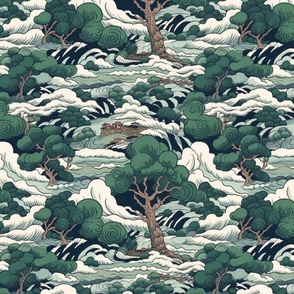 japanese green forest mountain landscape inspired by hokusai