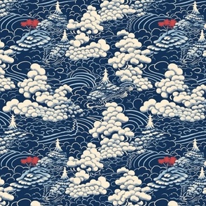 hokusai inspired blue and white mountain sky landscape