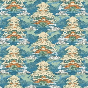 hokusai inspired pastel japanese mountain forest landscape