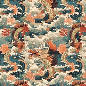 hokusai inspired japanese orange and peach dragon on the ocean wave