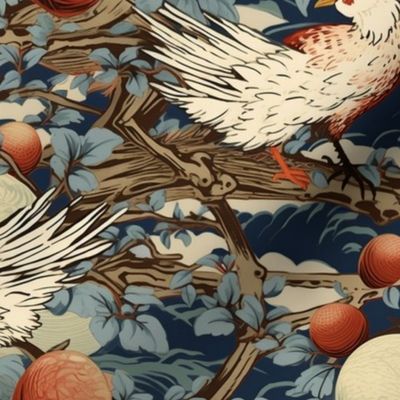 japanese birds and spring fruit botanical inspired by hokusai