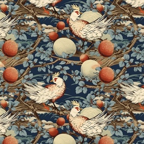 japanese birds and spring fruit botanical inspired by hokusai