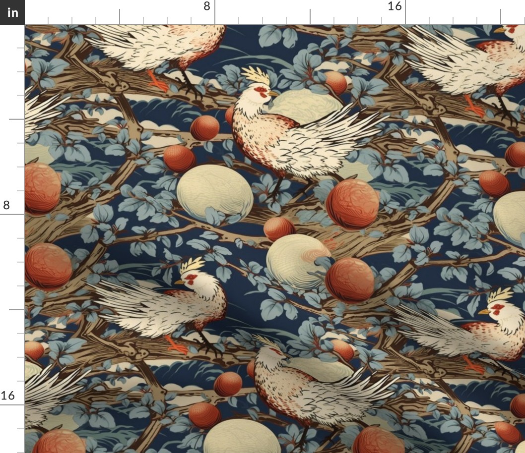 japanese birds and spring fruit botanical inspired by hokusai