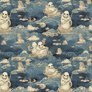 japanese kawaii ghost on the ocean waves inspired by hokusai