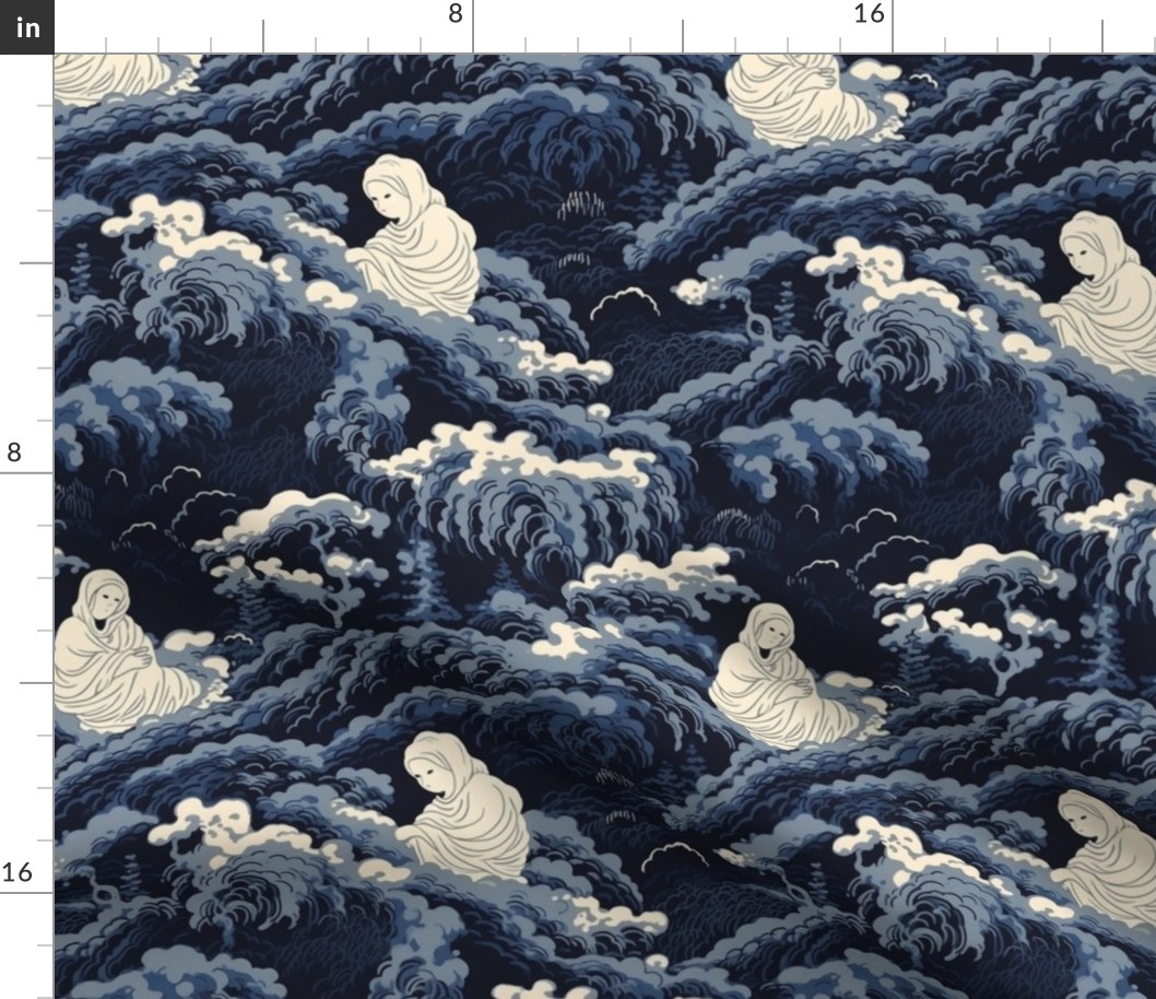 hokusai inspired ghost on the mountain clouds