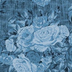 Monochromatic Course Weave Cobalt Blue Floral, Retro Vintage Woven Upholstery Decor, Bold and Moody Blue Flowers Bouquet on Tapestry texture