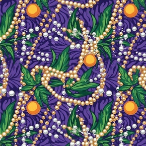 green and purple feathers and mardi gras beads inspired by hokusai