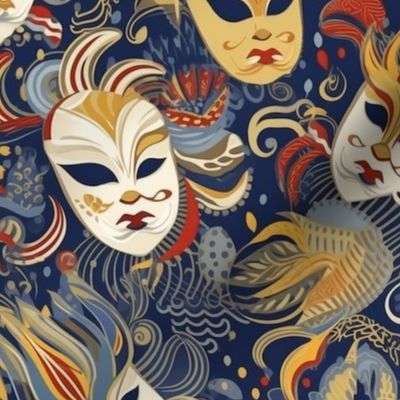 japanese gold and blue mardi gras masks inspired by hokusai