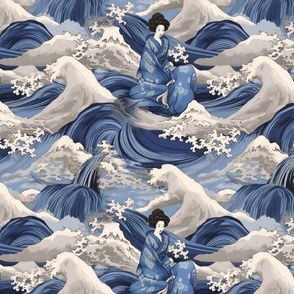 blue ocean japanese goddess on the waves inspired by hokusai